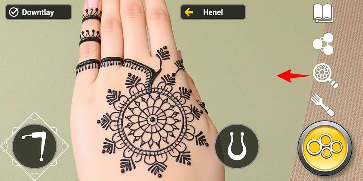Henna Creation Gameplay Henna Handi Hurry gameplay showing a player creating intricate henna designs on a virtual hand with various tools and patterns