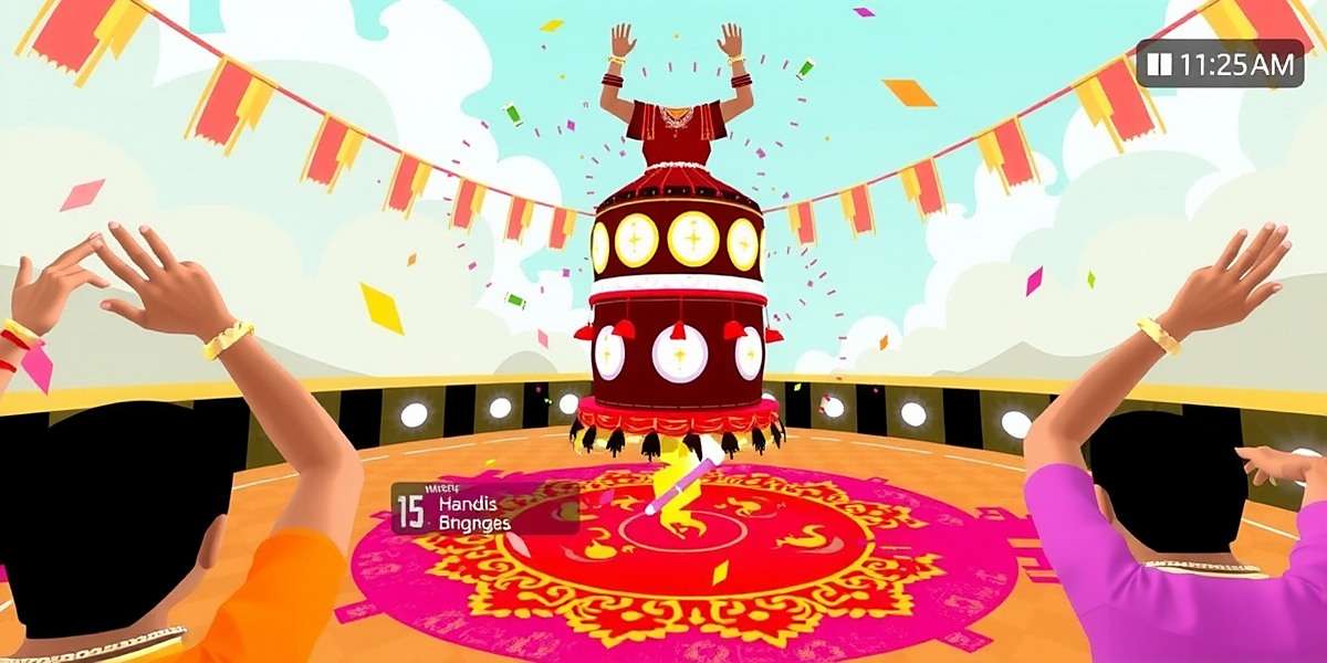 Handi Challenge Multiplayer Henna Handi Hurry multiplayer mode showing a virtual human pyramid trying to break a handi during Holi celebrations