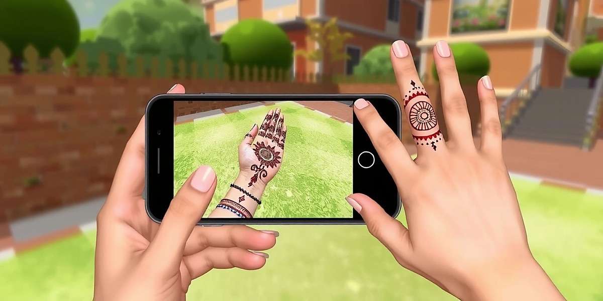 Upcoming AR Feature Concept art for Henna Handi Hurry's upcoming AR feature showing a player viewing virtual henna designs on their hand through a smartphone camera