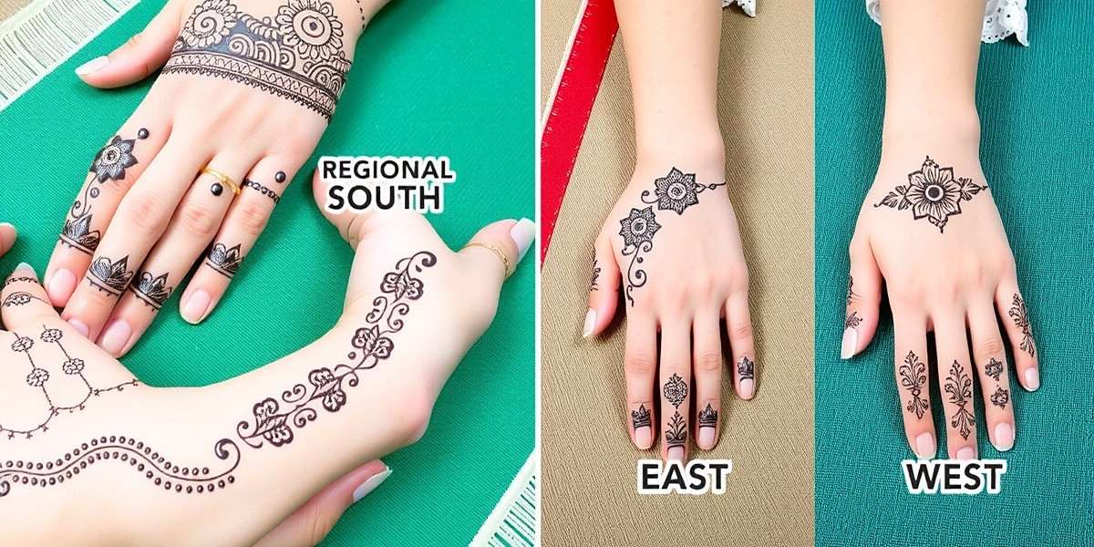 Regional Henna Designs Comparison of regional henna designs in Henna Handi Hurry showing North, South, East and West Indian styles